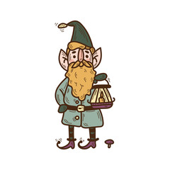 Doodle illustration of a garden gnome holding an oil lamp. Vector illustration for Kids