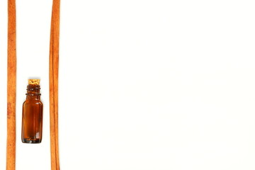 cinnamon stick with essential oil bottle in white background with copy space