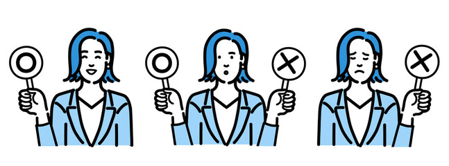 マルバツの札を持っているスーツを着た若い女性のセット
