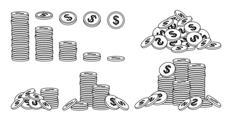 Gold coin pile outline set. Neat money piles, various bunche gold coins contour heap. Mountain currency icons. Pennies hundreds bunches, cash, accumulation finance bank. Doodle vector illustration