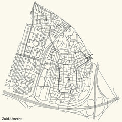 Detailed navigation black lines urban street roads map  of the ZUID QUARTER of the Dutch regional capital city Utrecht, Netherlands on vintage beige background