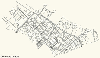 Detailed navigation black lines urban street roads map  of the OVERVECHT QUARTER of the Dutch regional capital city Utrecht, Netherlands on vintage beige background