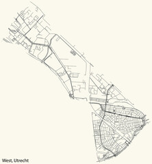 Detailed navigation black lines urban street roads map  of the WEST QUARTER of the Dutch regional capital city Utrecht, Netherlands on vintage beige background