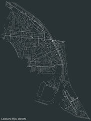 Detailed negative navigation white lines urban street roads map of the LEIDSCHE RIJN QUARTER of the Dutch regional capital city Utrecht, Netherlands on dark gray background