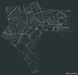 Detailed negative navigation white lines urban street roads map of the OOST QUARTER of the Dutch regional capital city Utrecht, Netherlands on dark gray background