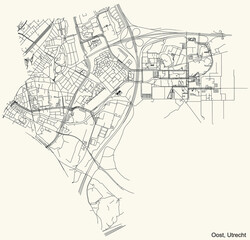 Fototapeta na wymiar Detailed navigation black lines urban street roads map of the OOST QUARTER of the Dutch regional capital city Utrecht, Netherlands on vintage beige background