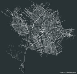 Detailed negative navigation white lines urban street roads map of the Dutch regional capital city of UTRECHT, NETHERLANDS on dark gray background