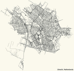 Fototapeta na wymiar Detailed navigation black lines urban street roads map of the Dutch regional capital city of UTRECHT, NETHERLANDS on vintage beige background