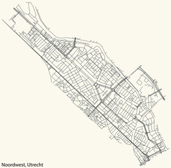 Detailed navigation black lines urban street roads map  of the NOORDWEST QUARTER of the Dutch regional capital city Utrecht, Netherlands on vintage beige background
