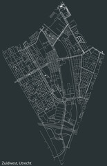 Detailed negative navigation white lines urban street roads map of the ZUIDWEST QUARTER of the Dutch regional capital city Utrecht, Netherlands on dark gray background