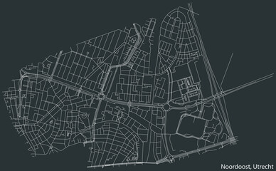 Detailed negative navigation white lines urban street roads map of the NOORDOOST QUARTER of the Dutch regional capital city Utrecht, Netherlands on dark gray background