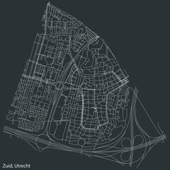 Detailed negative navigation white lines urban street roads map of the ZUID QUARTER of the Dutch regional capital city Utrecht, Netherlands on dark gray background