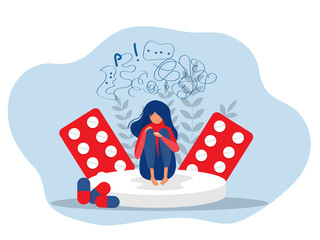 Woman with health problem anxiety sitting on large pill surrounded by drugs. Mental stress panic mind disorder illustration Flat vector illustration. - obrazy, fototapety, plakaty