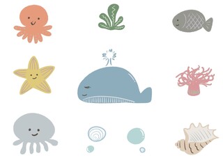 くすみカラーの手書きかわいい海の生き物セット