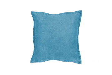 Decorative soft pillow, linen blue, isolated on white background