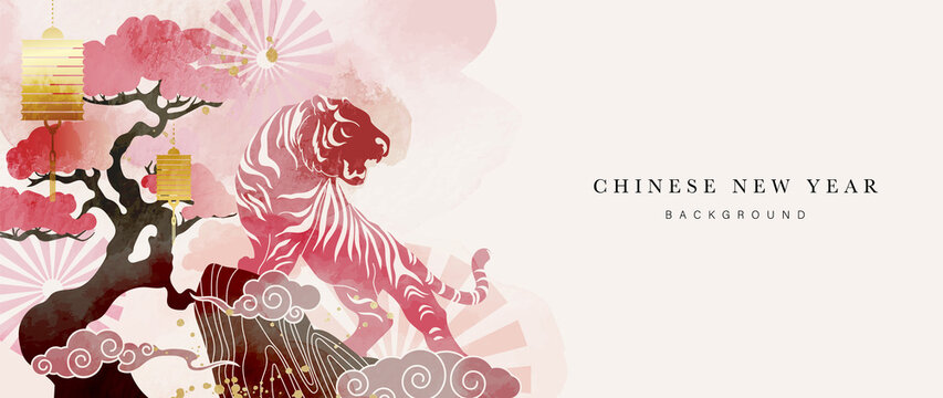 Chinese new year 2022 year of the tiger watercolor background vector. Cute tiger and Chinese lamp, flower on oriental festive red watercolor theme background.