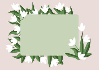 Floral frame with white tulips and greenery leaves. For design wedding invitation, greeting cards and writing to business people