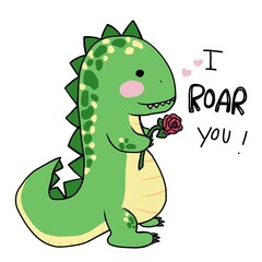 Dinosaur with rose flower, I roar you cartoon vector illustration