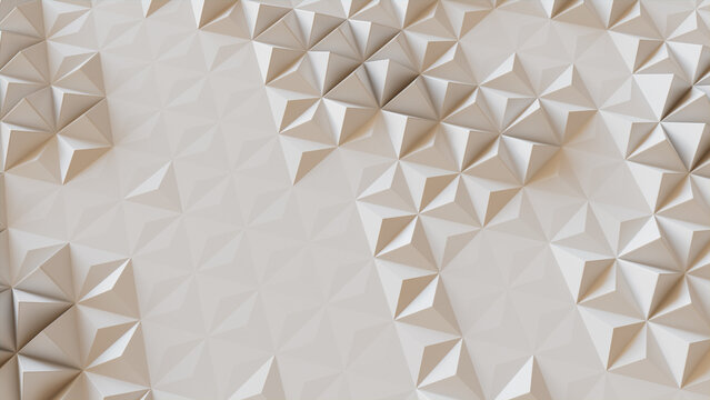 White Abstract Surface with Triangular Pyramids. Futuristic, Light 3d Background.