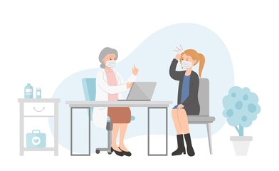 Woman patient in doctor office for medical consultation or diagnosis treatment, healthcare concept, nursing and medical staff