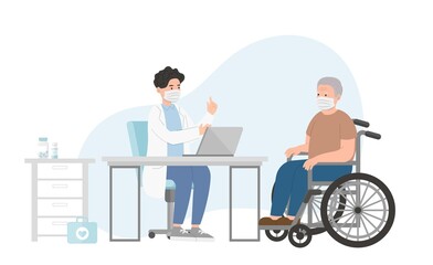 Man patient with wheelchair in doctor office for medical consultation or diagnosis treatment, healthcare concept, nursing and medical staff
