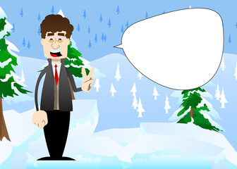 Funny cartoon man dressed for winter showing the V sign, peace hand gesture. Vector illustration.