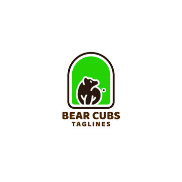 bear cub in window frame logo. Vector illustration