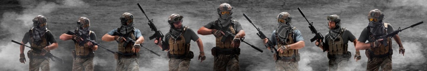 Naklejka premium Large group mercenaries soldiers, during a special operation in smoke. Collage - one model in few poses.