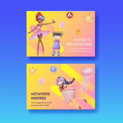 Facebook template with metaverse technology concept,watercolor style