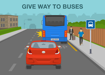 Safety driving and traffic regulating rules. Give way and priority to buses especially when they are signaling to pull away from stops. City bus stop scene. Flat vector illustration template.