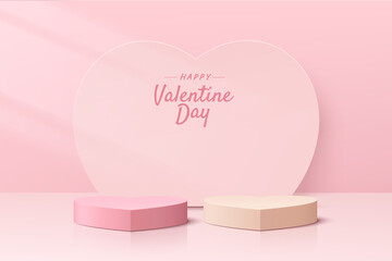 Abstract pink 3D room with realistic pink pedestal podium heart shape set. Pastel minimal scene for valentine product display presentation. Vector rendering geometric platform. Stage for showcase.