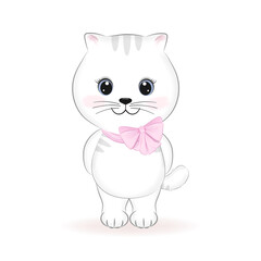 Cute little white Cat, animal cartoon illustration
