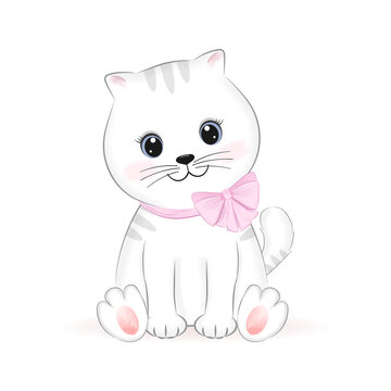 Cute little white Cat, animal cartoon illustration