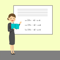 Female Teacher Cartoon Character Standing Teaching Math Lesson at School Class Room