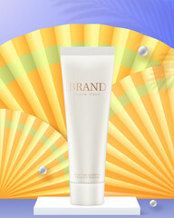 Tube with cosmetic product. Cream tube on white podium.