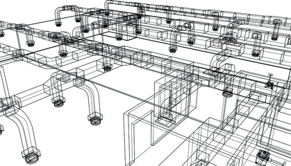 architectural wireframe blueprint of HVAC system in BIM vector