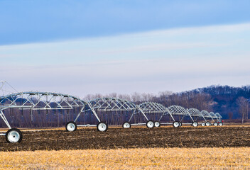 Irrigation equipment on a farm in winter. Farm in southern Illinois Mississippi River Valley United...