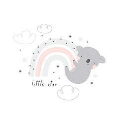 Cute rainbow and koala - vector print for baby. Illustration with character koala 