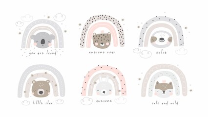 Cute rainbow and koala, bear, fox, bunny, sloth, leopard - vector print for baby. Vector print with corn, fennel for creating posters, invitations, cards and wall decor  © NadezdaBarkova