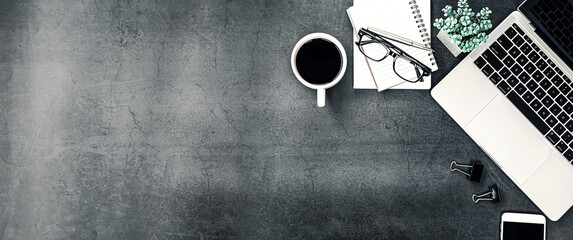 Top view desk or top view table office desk flat lay background with computer laptop and office...