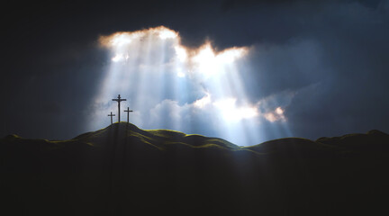 The sky over Golgotha Hill is shrouded in majestic light and clouds, revealing the holy cross...