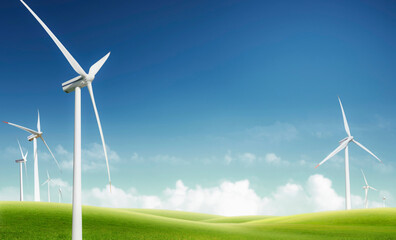 Eco-friendly energy wind power generator that protects the global environment on a green meadow...