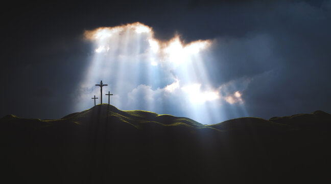 The sky over Golgotha Hill is shrouded in majestic light and clouds, revealing the holy cross symbolizing the death and resurrection of Jesus Christ.
