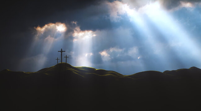 The sky over Golgotha Hill is shrouded in majestic light and clouds, revealing the holy cross symbolizing the death and resurrection of Jesus Christ.
