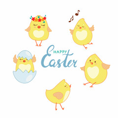 A set of small Easter chickens in cartoon style. Elements for festive design .