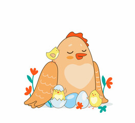 A chicken with chickens in the nest. Cute cartoon-style character.