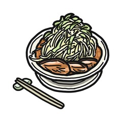 どんぶりに盛りつけられた大盛ラーメンのイラスト。箸が添えられています。
