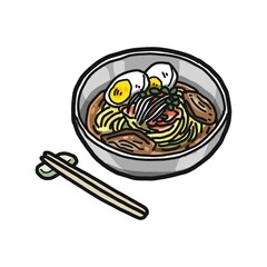 どんぶりに盛りつけられた冷麺のイラスト。箸が添えられています。
