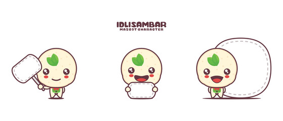 vector idli sambar mascot cartoon, traditional indian food illustration, with blank board banner