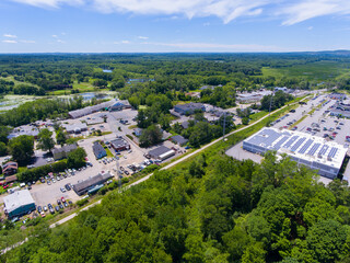 Wayland historic town center aerial view in summer at Boston Post Road and MA Route 27, including First Parish Church and Town Hall, Wayland, Massachusetts MA, USA. 